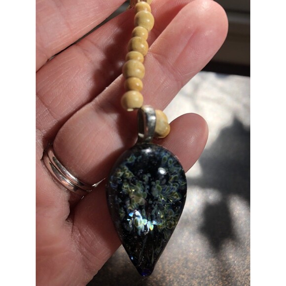 Boro Art Glass Pendant On 19" Wooden Bead Necklace Boho Style Artisan Made 2008 - Picture 11 of 14